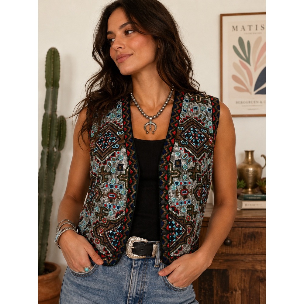 Vintage Christiana Silk Hand Beaded Vest Medium Boho Geometric Art Deco